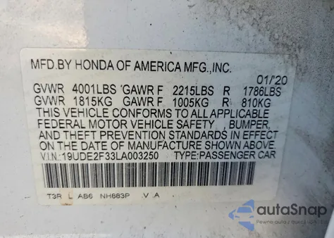 2020 Acura Ilx из США, поврежденный, VIN 19UDE2F33LA003250